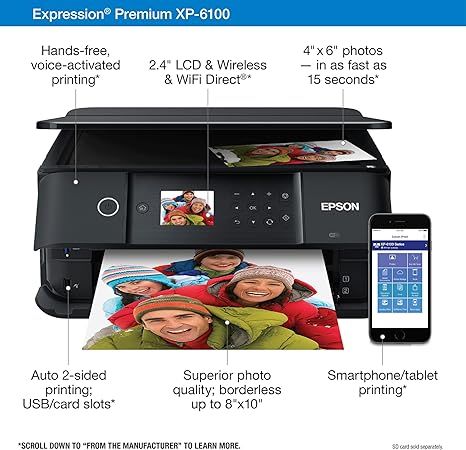 Epson Expression Premium XP-6100 Wireless Color Photo Printer with Scanner and Copier, Black, Medium